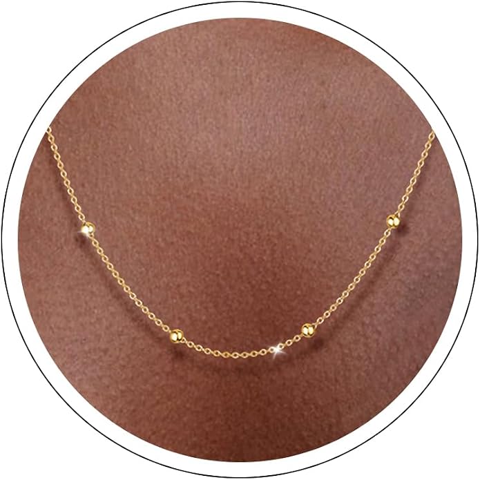 Carffordo 925 Sterling Silver Chain Necklace 16K Gold Plated Beaded Chain Necklace for Women Simple Dainty Choker Necklace Satellite Waterproof Link Necklace Trendy Jewelry Gifts