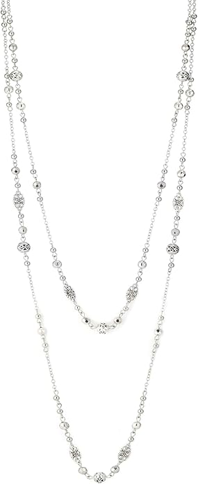 Long Beaded Silver Necklaces for Women Layered Long Statement Necklace with Stone Pearl Beads Double Sweater Chain Costume Jewelry for Women