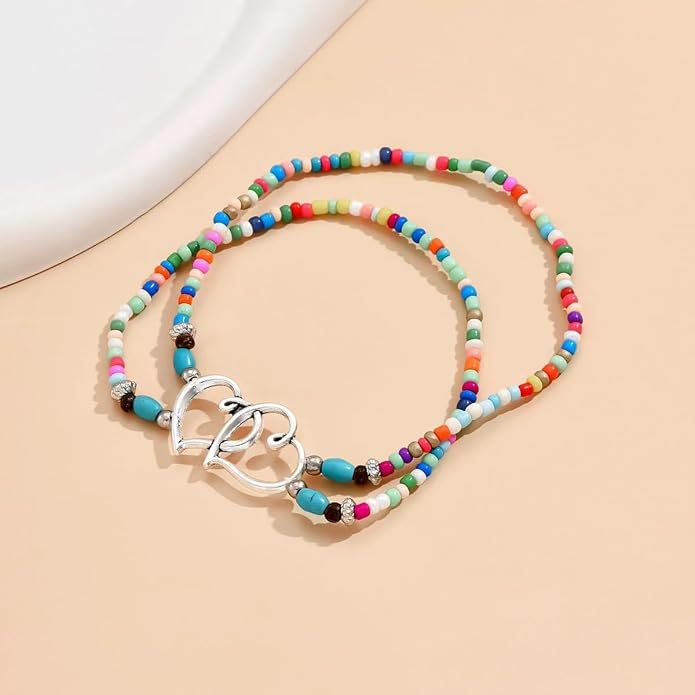 Starfish Ankle Bracelet for Women Elastic Heart Anklet Stretchy Waterproof Ankle Bracelet Colorful Beaded Anklet Boho Love Ankle Bracelet Silver Summer Beach Anklet Jewelry Accessories