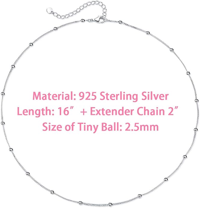 EPIRORA Choker Necklace for Women 925 Sterling Silver Gold Plated Dainty Satellite Bead Chain Pendant Minimalist Jewelry, 16''+2"