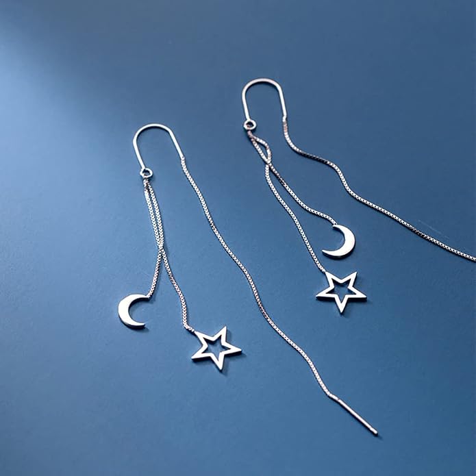 Reffeer Solid 925 Sterling Silver Moon Star Threader Dangle Earrings Chain for Women Teens Long Dangle Earrings Tassel Chain