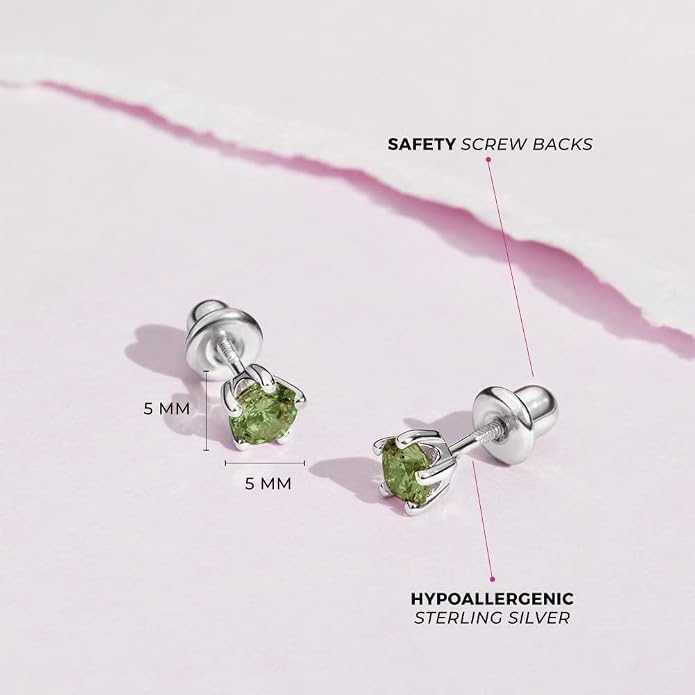 In Season Jewelry Solitaire Simulated Birthstone Kids Earrings - 925 Sterling Silver Hypoallergenic Earrings for Girls with Secure Screw Backs - Safe & Comfortable for Kids & Little Girls