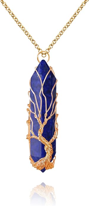 VIBILIA Healing Crystal Necklace Tree of Life Wire Wrapped Natural Stone Point Pendant Necklace Hexagonal Reiki Spiritual Quartz Gemstone Jewelry for Women Men