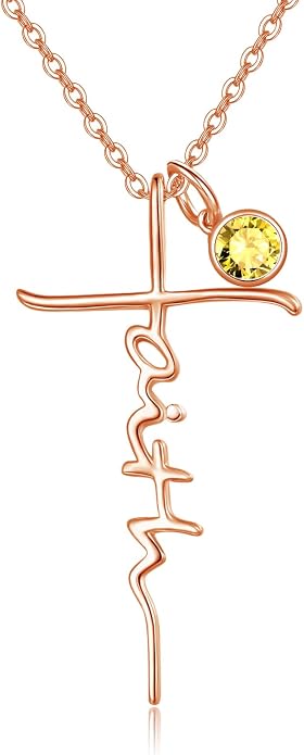 PRAYMOS Faith Cross Necklace for Women 925 Sterling Silver Pendant Necklace With Birthstone Initial Christian Religious Confirmation Baptism Mothers Day Gifts