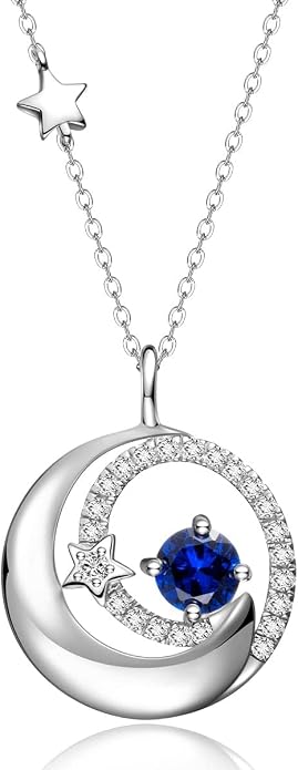 FANCIME Birthstone Necklaces 925 Sterling Silver Moon and Star Pendant Fine Jewelry Birthday Mothers Day Gifts for Mom Wife Her Daughter, Adjustable Chain 16+2"