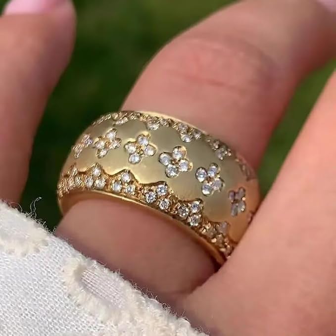 18K Gold Italian Handcrafted Brushed Buccellati-Style Ring – Luxury Four-Leaf Clover Diamond-Cut Zirconia Ring for Women, Elegant Vintage Royal Jewelry Size 10