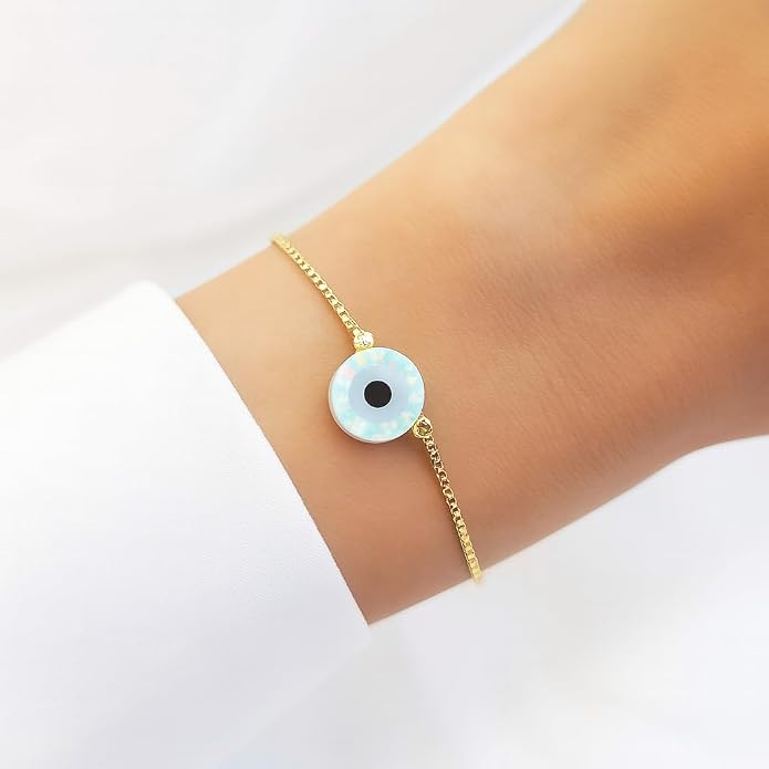 Minimalist Evil Eye Charm Bracelet – Handmade Delicate Good Luck Jewelry for Women – Adjustable 6.5” + 1” Extender