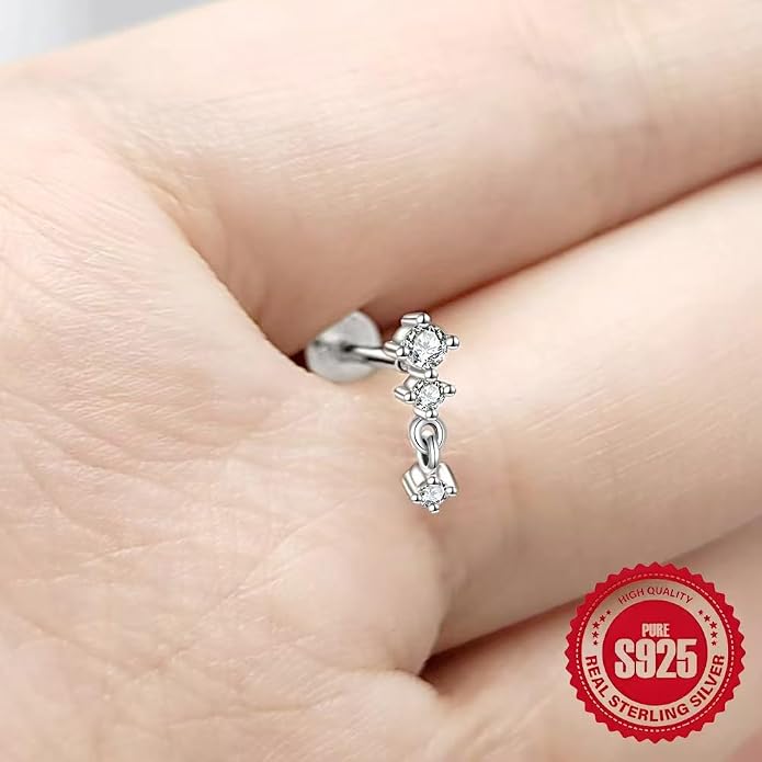 Sterling Silver 925 Flat Back Earring for Women 1PC 16G Helix Piercing Jewelry Dangle Cartilage Earring Internally Threaded Tragus Forward Conch Stud CZ Ear Ring 8mm Gifts