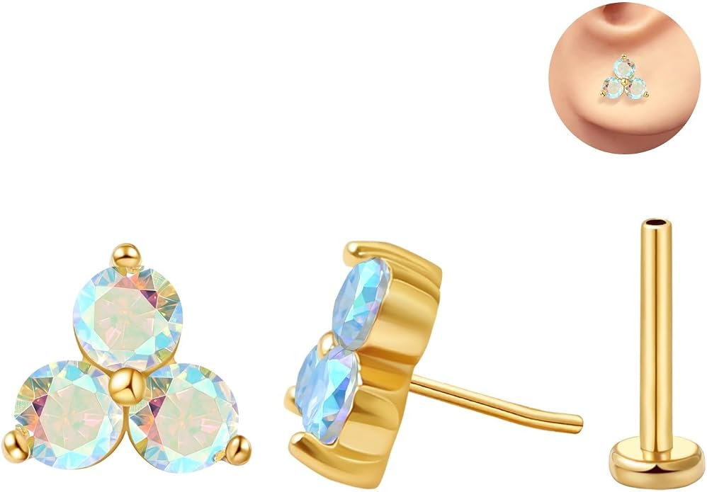 FANSING Cartilage Earring Tragus Stud Trio CZ Stone Flat Back Earring for Helix Conch Threadless Push Pin Labret Stud