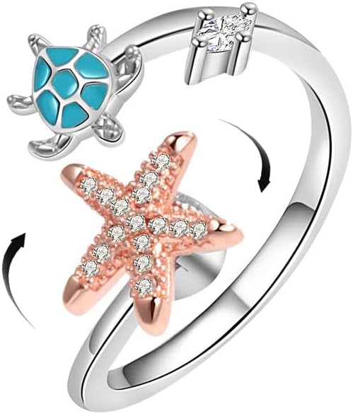 Starfish Turtle Fidget Anxiety Open Rings for Women Cute Funny Adjustable Crystal Spinner Stress Relief Stackable Ring Rotatable Calming Worry Meditation Jewelry Birthday Christmas Gifts