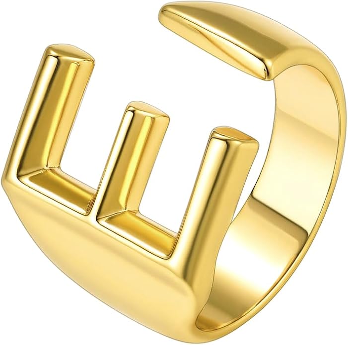 Suplight Nikel Free 18K Gold Plated Letter Rings, Fashion Monogram Jewelry Statement A-Z Wide Name Initial Alphabet Adjustable Open Ring for Women