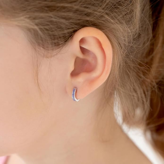 In Season Jewelry Simulated Opal Inlay Girls Hoop Earrings for Kids - 925 Sterling Silver Little Girl Hoop Earrings - Hypoallergenic & Comfortable with Secure Latch Closure