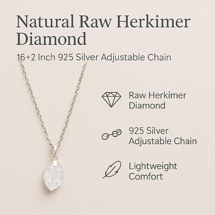 Raw Birthstone Crystal Necklace for Women, Hypoallergenic 925 Sterling Silver Pendant, Adjustable 16+2" Silver Chain, Light Natural Gemstone Jewelry for Everyday Wear & Gift for her & him