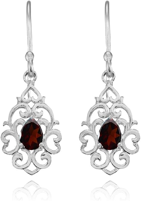 Sterling Silver Genuine or Created Gemstone Filigree Heart Teardrop Dangle Earrings