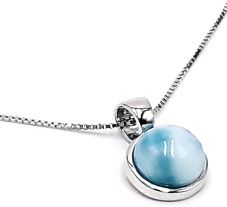 Natural gemstone 8mm round pendant with white gold over 925 sterling silver bezel cabochon plate and box chain, real genuine dainty birthstone gift for her, uniquelan jewelry
