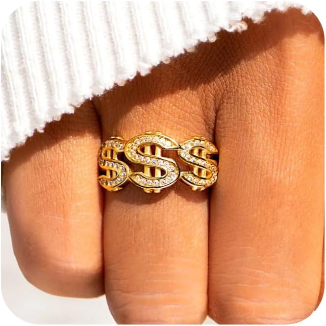 14K Gold Plated Crystal Dollar Sign Statement Rings for Men's and Women's,Cubic Zirconia Hip Hop Dollar Symbol Punk Rock Ring for Rapper Money Amulet Keepsake Rings Jewelry Size 8#