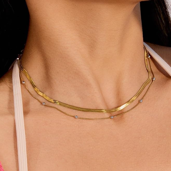Elegant 18K Gold Plated Herringbone Necklace for Women, Flat Box Chain, Waterproof & Hypoallergenic, Gold Flat Snake Chain Necklace Choker for Women, Ideal Gift