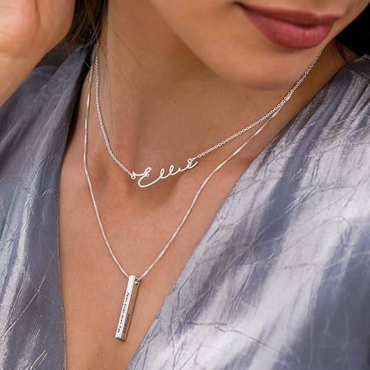 Custom Name Necklace Personalized 3D Engraved Bar 18K Gold Plated Necklace Father's Day Gifts Customized Name Jewelry Gift for Women Men