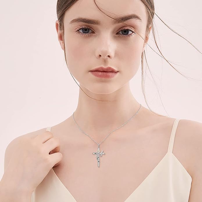 Cross Necklace for Women 925 Sterling Silver I Love You Necklace Religious Jewelry with Gift Box for Mother Daughter