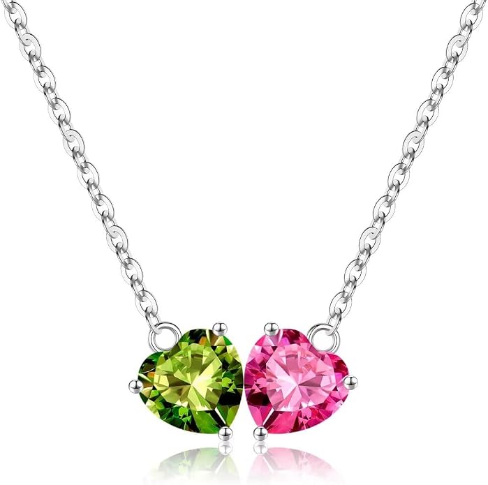 Iefil 1.25Ct Double Heart Birthstone Necklace - 925 Sterling Silver Birthstone Necklace, Birthday Gifts for Women, Jewelry Gifts for Mom Daughter Wife