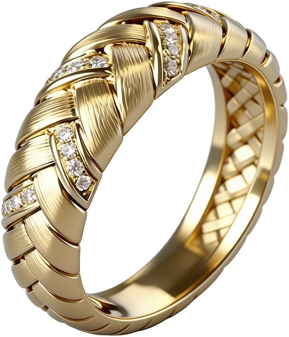 14K Gold Plated 7MM Wide Band Croissant Dome Ring Twisted Braided Gold Plated Ring Chunky Signet Ring for Women Size 8#
