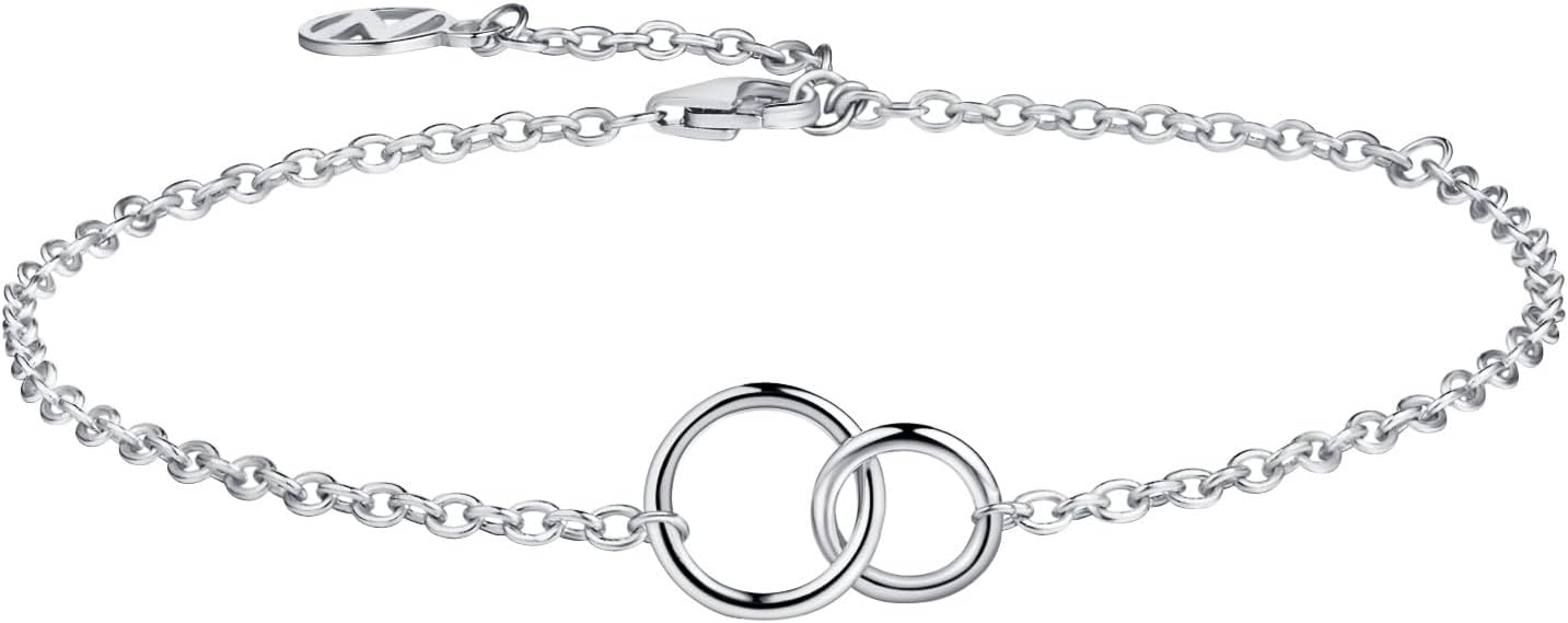 NOKMIT Solid 925 Sterling Silver Bracelets for Women, Dainty Interlocking Circles Cubic Zirconia Adjustable Chain Bracelet, Trendy Stackable Link Bracelets, Simple Cute Jewelry Gifts