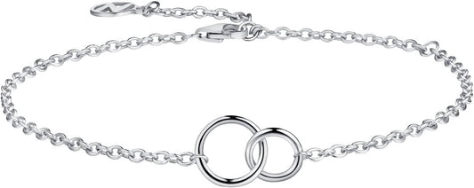 NOKMIT Solid 925 Sterling Silver Bracelets for Women, Dainty Interlocking Circles Cubic Zirconia Adjustable Chain Bracelet, Trendy Stackable Link Bracelets, Simple Cute Jewelry Gifts