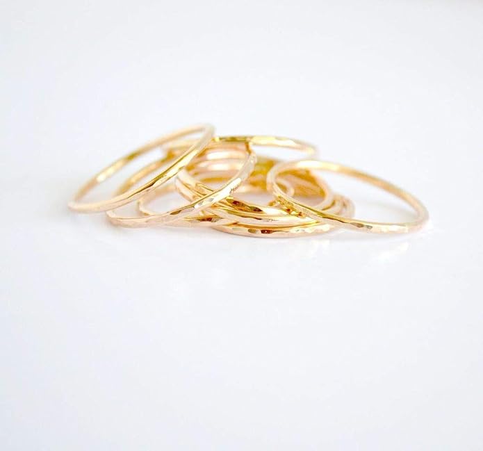 Ellie J Maui Hammered Ring, 1mm Thin Stacking Rings, Minimalist Rings for Women, 14K Gold Filled Rings for Teen Girls Midi Knuckle Pinky Finger Jewerly (Size 3-11)