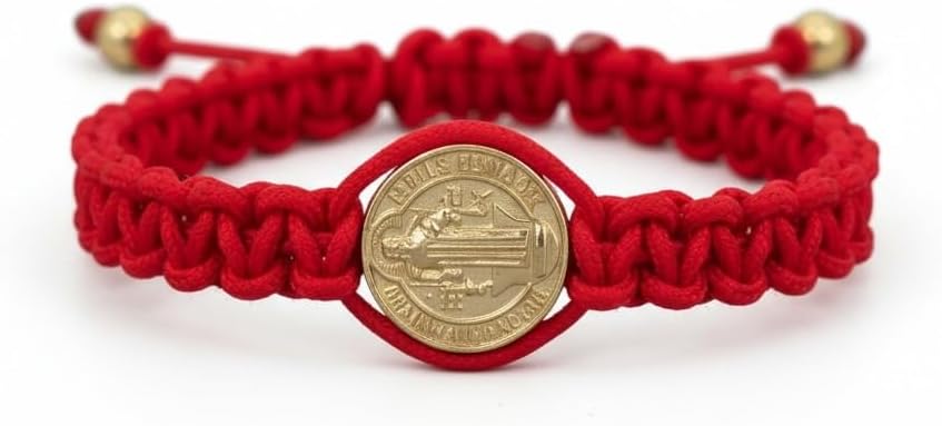 Men’s St. Benedict Red String Bracelet, Adjustable | Protection Against the Evil Eye & Negative Energy | Steel Gold Plated