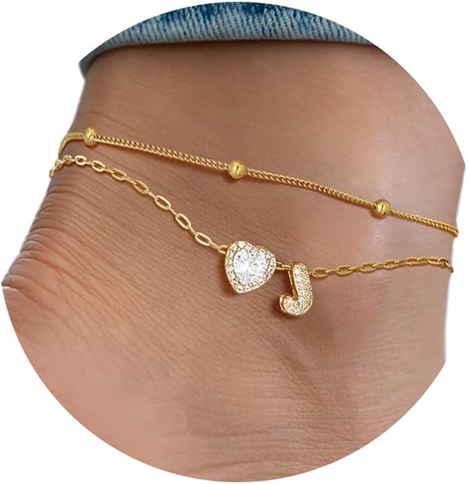 FindChic Silver/14K Gold Plated Layered CZ Initial Ankle Bracelet for Women | Waterproof Stainless Steel, Cubic Zirconia Letter Charm, Non-Tarnish, Hypoallergenic, Adjustable Extender, Summer Jewelry