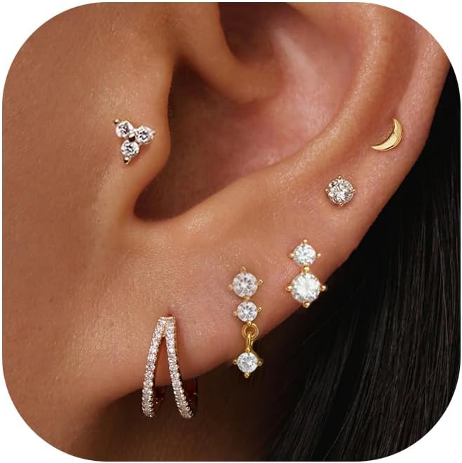 6 Pairs 14K Gold Plated Stud Earrings for Women, Hypoallergenic Cartilage Earrings for Multiple Piercing, Dainty Small Stackable Earrings Set for Jewelry Gift
