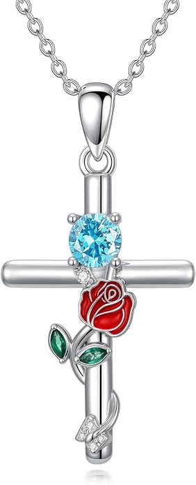 Birthstone Cross Necklace 925 Sterling Silver Rose with Butterfly Birthstone Cross Pendant Necklace Jewelry Gifts for Women Birthday Christmas