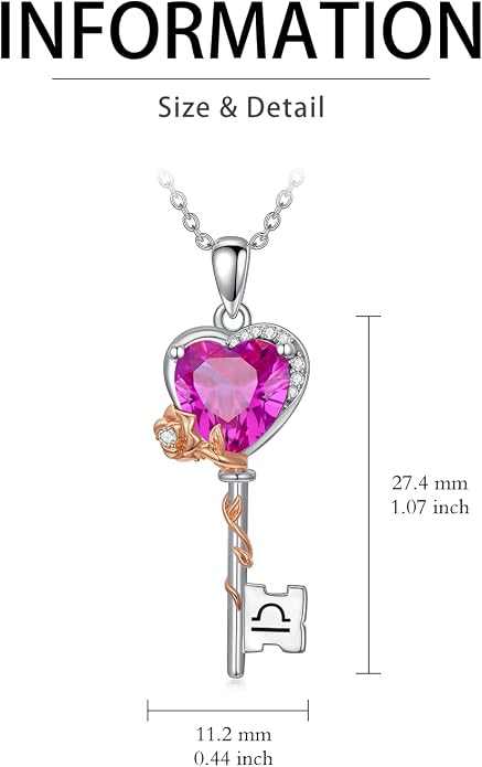 OCJ Zodiac Necklace for Women 925 Sterling Silver Rose Flower Key Pendant Necklaces Zodiac Birthstone Jewelry Wife Birthday Anniversary Christmas Gifts for Her