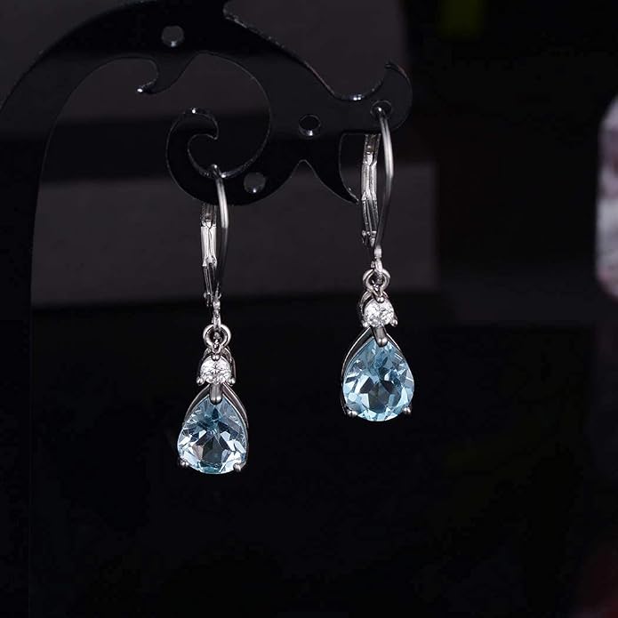 925 Sterling Silver Blue Topaz/Amethyst/Rainbow Quartz CZ Teardrop Leverback Earrings Drop Dangly Gemstone Earings Hypoallergenic Birthday Jewelry Gifts for Women