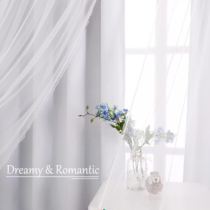 Greyish White Blackout Curtains Set - Double Layers Voile Sheer Light Blocking Draperies with Tie-Backs for Bedroom Windows, 52 x 54 inches, 2 Pieces