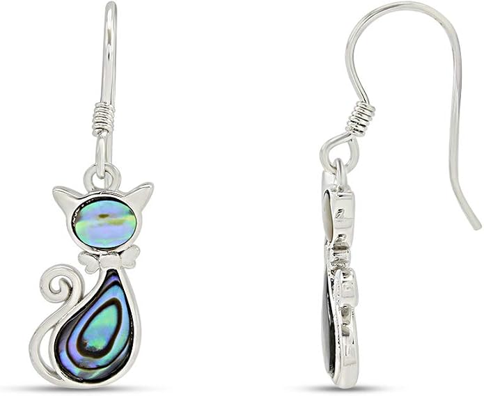 Abalone Shell Animal Dangle Earrings for Women (Kiwi Bird, Cat, Seahorse) in 14K White Gold Over 925 Sterling Silver, Iridescent Fishhook Drop Jewelry Gift