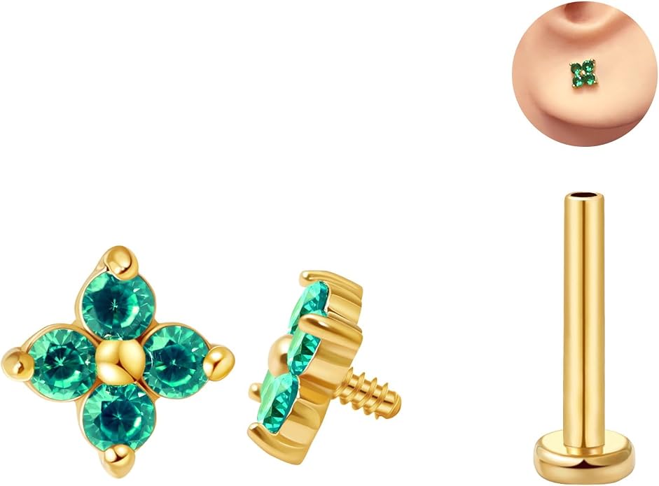 FANSING CZ Flower Internally Threaded Flat Back Earring Labret Stud for Cartilage Tragus Helix Conch