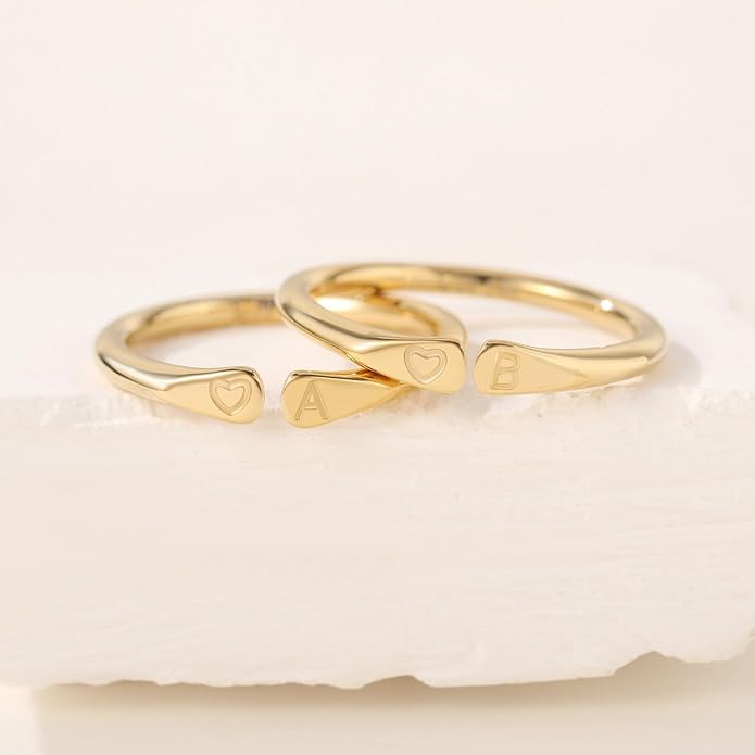 14k Gold Filled Hand Carving Initial Rings for Women Non Tarnish Wedding Heart Shaped Bands for Women