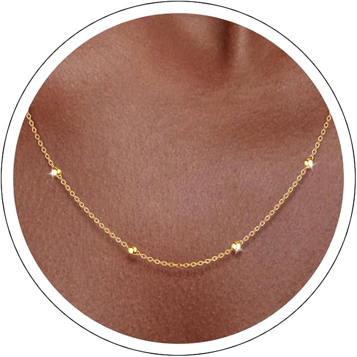 Carffordo 925 Sterling Silver Chain Necklace 16K Gold Plated Beaded Chain Necklace for Women Simple Dainty Choker Necklace Satellite Waterproof Link Necklace Trendy Jewelry Gifts