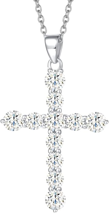 Carleen Cross Necklace For Women Yellow Gold Plated Sterling Silver Cubic Zirconia CZ Simulated Diamond Cross Crucifix Pendant Necklace Jewelry Easter Gift for Women, 18" Silver Chain Nice Gifts Jewelry Box