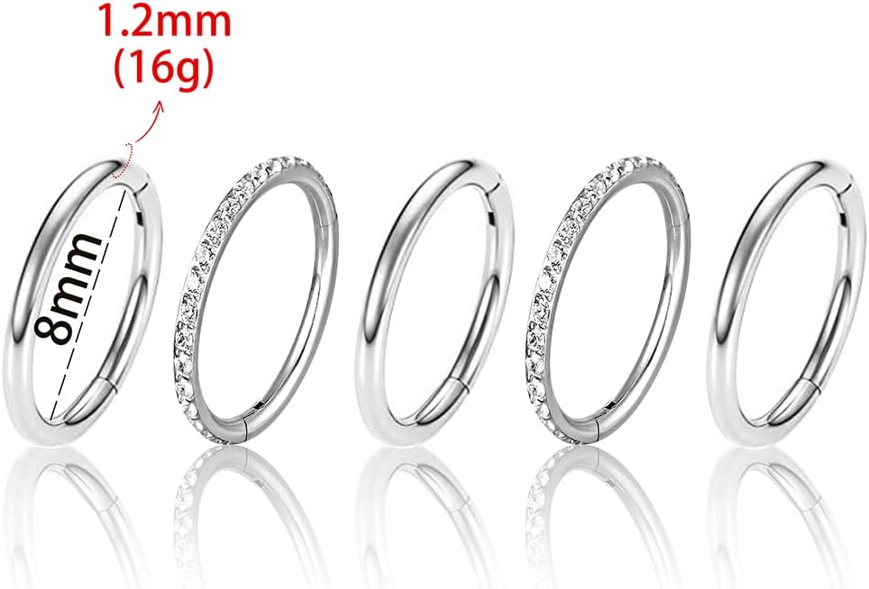 5/10PCS Septum Rings Hoop, 16G/1.2*(6-8-10) mm Surgical Stainless Steel CZ Segment Nose Rings, Cartilage Clicker Hoop Earrings for Rook, Daith, Tragus, Shell pattern Gold Silver