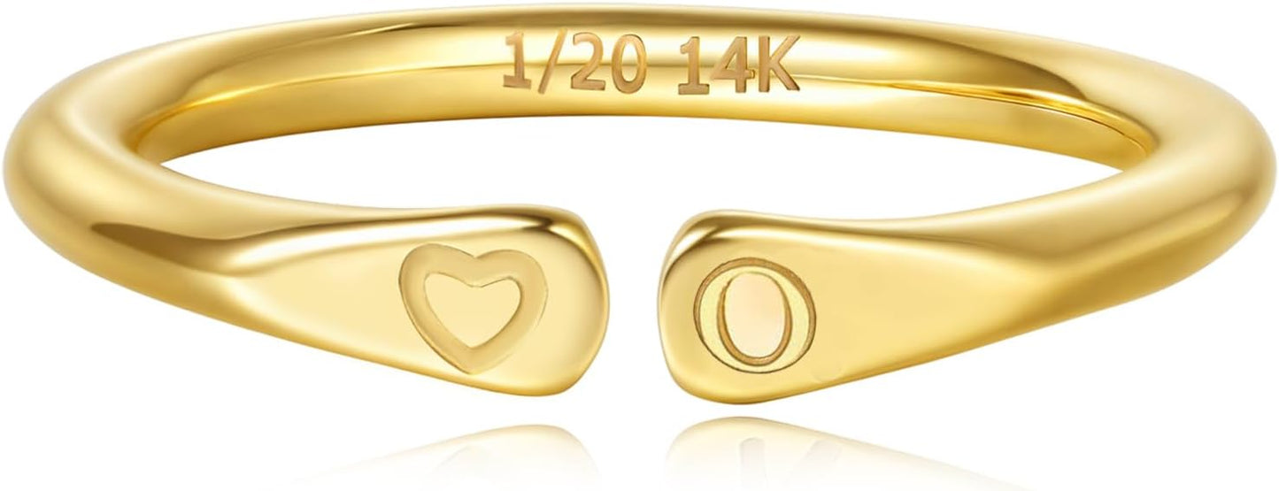14k Gold Filled Hand Carving Initial Rings for Women Non Tarnish Wedding Heart Shaped Bands for Women