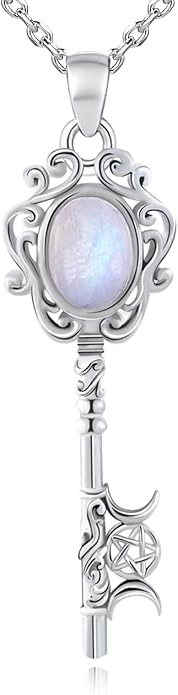 Natural Moonstone Crystal Key Necklace for Women, Retro Triple Moon Key Healing Crystal Wiccan Pagan Jewelry Gift