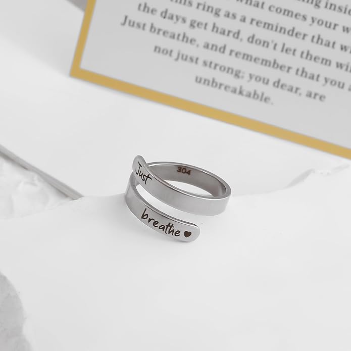 Dainty Just Breathe Ring for Women, Inspirational Engraved Heart Stainless Steel Open Ring Encouragement Daily Motivation Love Yourself Jewelry Gift