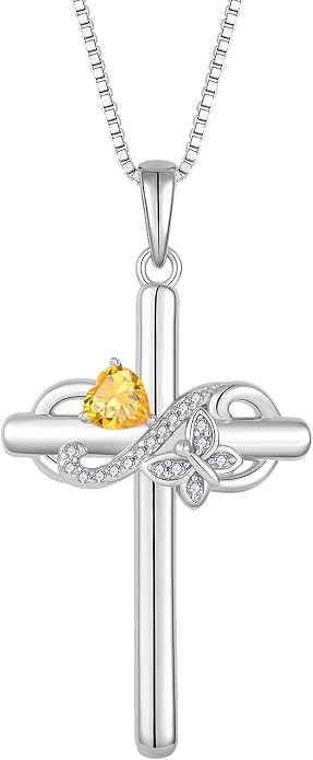 Infinity Butterfly Cross Necklace for Women 925 Sterling Silver Christian Religious Crucifix Pendant Birthstone Jewelry Gifts for Her