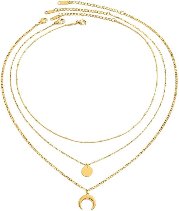 18K Gold Plated Layered Herringbone Necklaces for Women Dainty Layering Beaded Snake Chain Choker Moon Coin Pendant Necklace Trendy Stainless Steel Jewelry