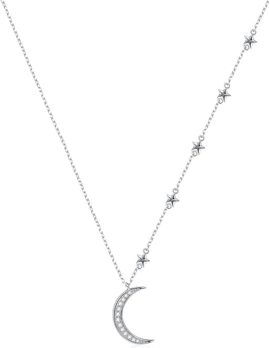 Ladytree 925 Sterling Silver Jewelry Crescent Moon and Star Pendant Necklace