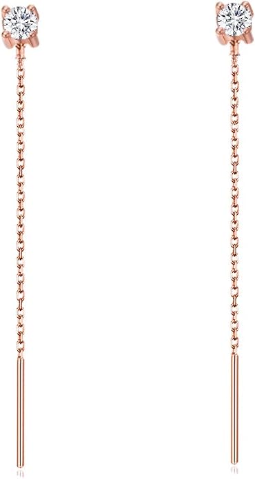 S.Leaf Gold Chain Threader Earrings for Women Trendy 925 Sterling Silver Hypoallergenic Cubic Zirconia Backless Ardant Chain Duster Threader Double Piercing Pull Through Earrings for Women Girls Birthday Gifts