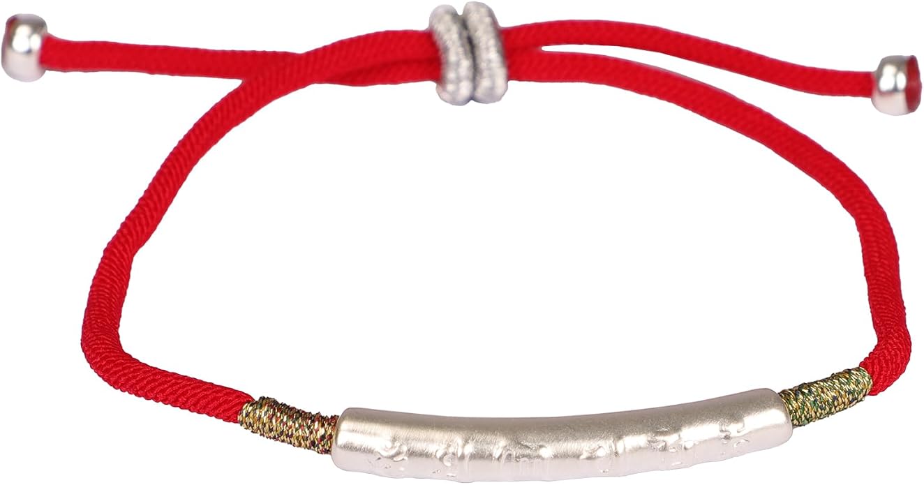 Om Mani Padme Hum Bracelet, Handmade Tibetan Buddhist Mala Bracelet with Six True Words Mantra for Protection, Good Luck & Positive Karma, Adjustable Red or Black String Bracelet for Women & Men