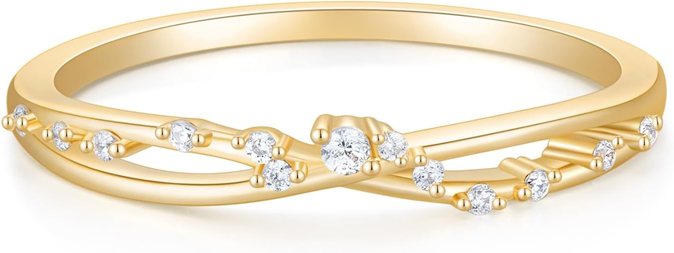 Mameloly 14K Gold Plated Wedding Band for Women CZ Twisted Rope Dainty Stackable Statement Engagement Promise Rings for Her Sizes 3-10